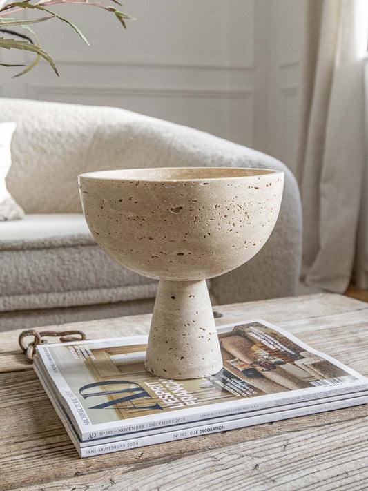 Skulpturelle Schale Travertin, pedestal travertine